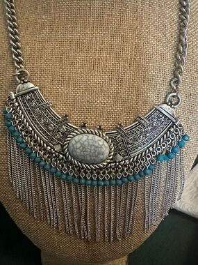Bohemian Silver-Tone Fringe Necklace with Turquoise Beads
